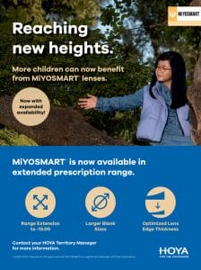 Advertisement for MiYOSMART® Extended Range Options for clear lenses featuring a person using a laptop. Includes text about the benefits and expanded availability of MiYOSMART lenses. Icons represent range extension, larger blank sizes, and optimized lens edge thickness.