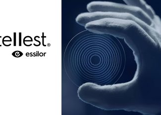 Essilor Stellest logo with hands holding concentric circle lens design