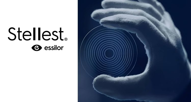 Essilor Stellest logo with hands holding concentric circle lens design