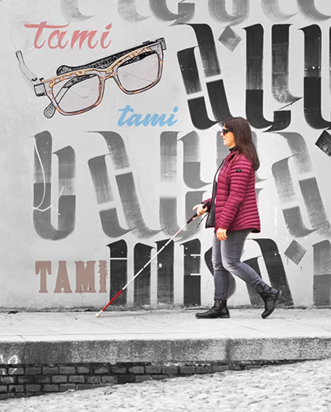 Image of a blind woman walking with a cane