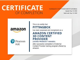 Image du Certificat délivré par Amazon à Fittingbox, en tant que “Amazon Certified 3D Content Provider”, sous la houlette de l’organisme Pearson Vue
