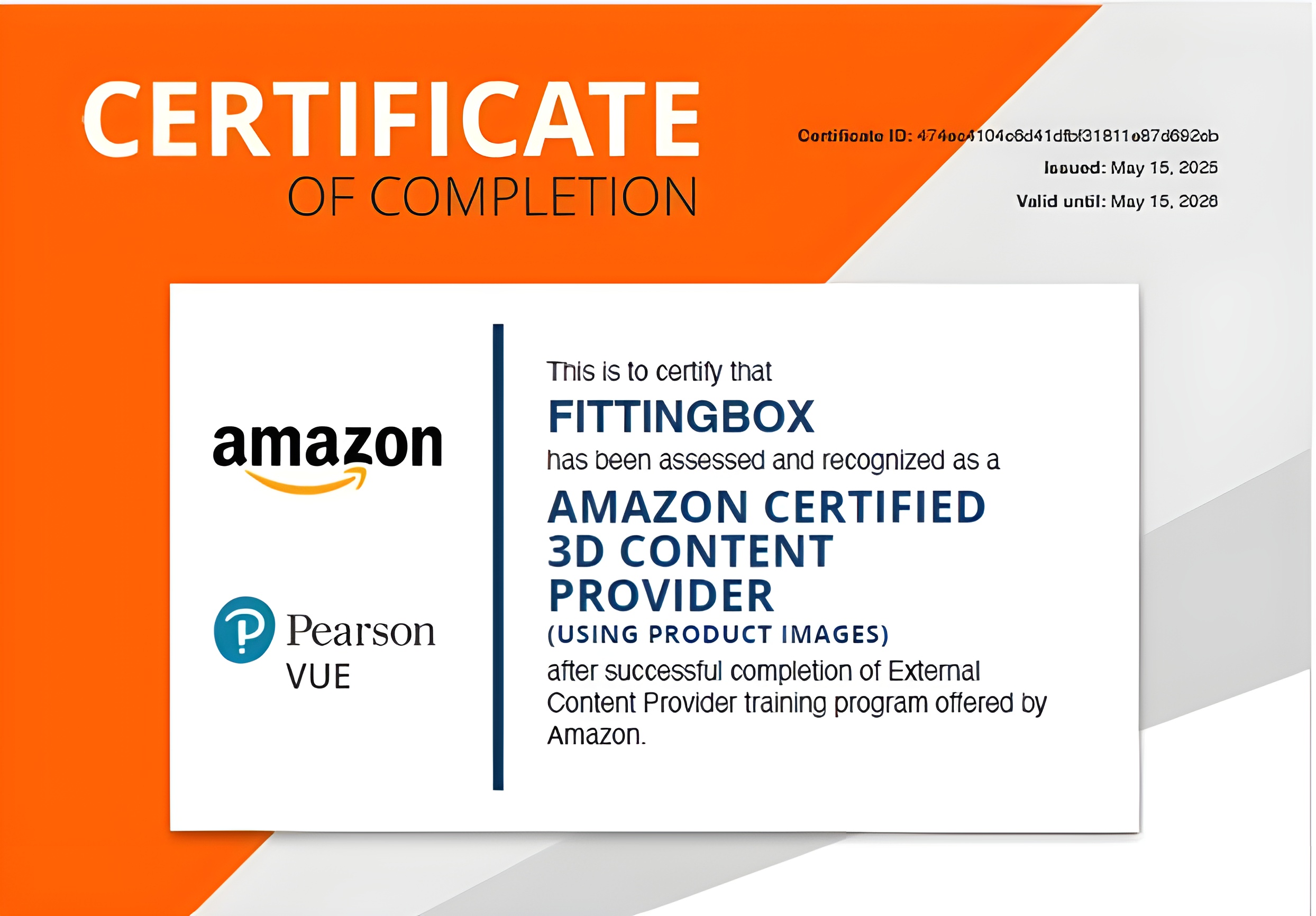 Image du Certificat délivré par Amazon à Fittingbox, en tant que “Amazon Certified 3D Content Provider”, sous la houlette de l’organisme Pearson Vue