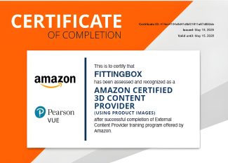Main article image: Certificate of completion delivered by Amazon to Fittingbox as “Amazon Certified 3D Content Provider”, under the supervision of Pearson Vue