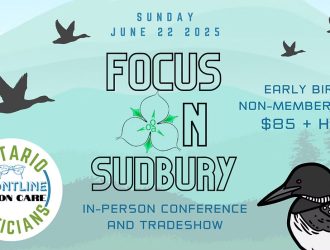 Event poster for "Focus on Sudbury" conference on Sunday June 22, 2025, featuring flying birds silhouettes, a loon illustration, and Ontario Opticians Frontline Vision Care logo, advertising an in-person conference and tradeshow with early bird non-member pricing of $85 plus HST.RetryClaude can make mistakes. Please double-check responses.