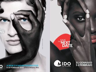 Two promotional posters for MIDO eyewear trade show. Left poster shows a man with blue eyes, with text 'REFOCUSING ON HUMANS' and 'A NEW EYEWEAR PERSPECTIVE. 8-10 FEBBRAIO 2025 | Fiera Milano, Rho'. Right poster shows a Black woman with text 'SAVE THE NEXT DATE' and '31 GENNAIO 1-2 FEBBRAIO 2026'. Both feature the MIDO logo with tagline 'LIVE THE WONDER'.