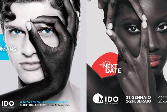 Two promotional posters for MIDO eyewear trade show. Left poster shows a man with blue eyes, with text 'REFOCUSING ON HUMANS' and 'A NEW EYEWEAR PERSPECTIVE. 8-10 FEBBRAIO 2025 | Fiera Milano, Rho'. Right poster shows a Black woman with text 'SAVE THE NEXT DATE' and '31 GENNAIO 1-2 FEBBRAIO 2026'. Both feature the MIDO logo with tagline 'LIVE THE WONDER'.