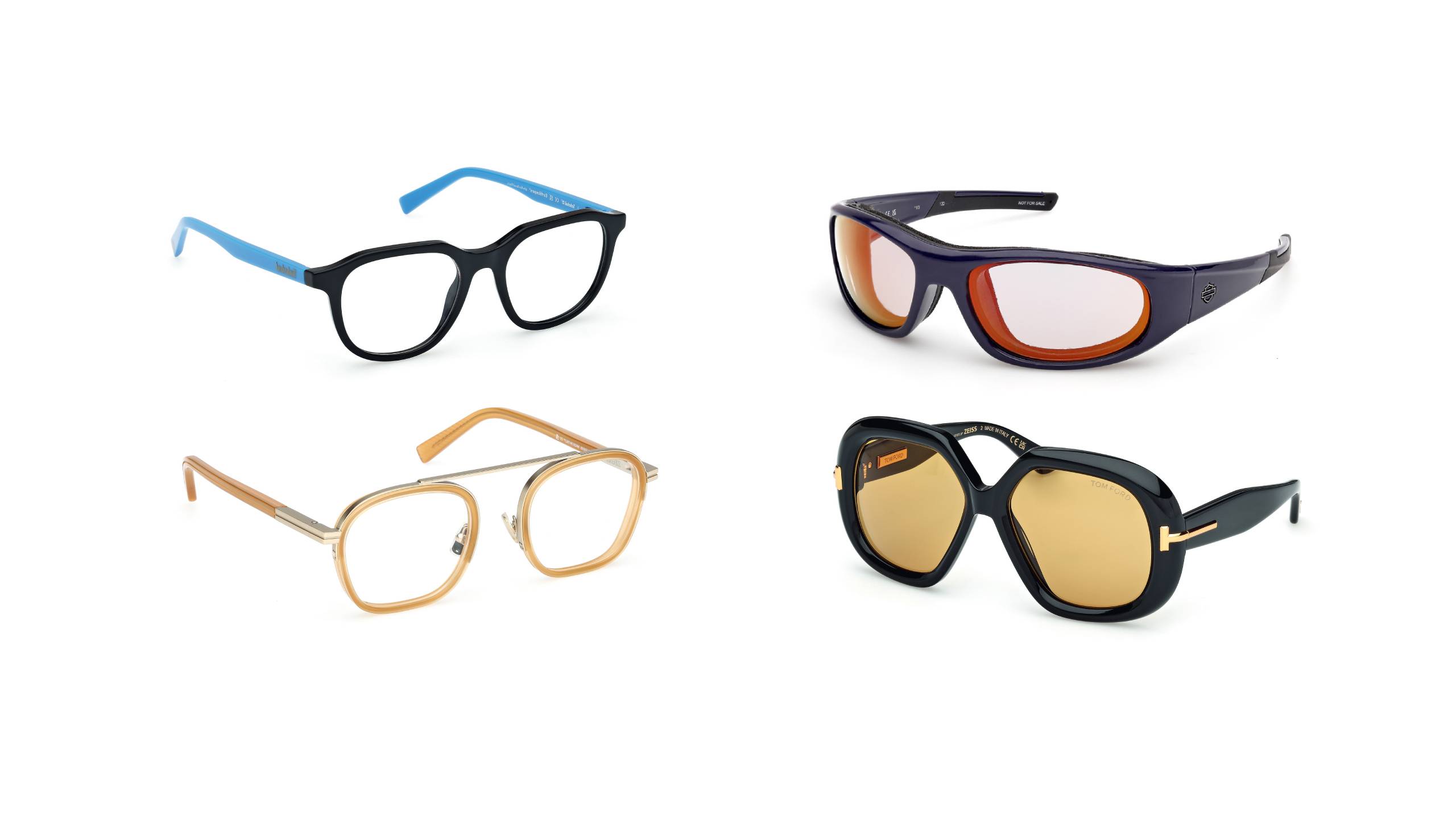 Main article image: collection of two sunwear (Harley Davidson and Tom ford) and two eyewear (Zegna and Timberland)