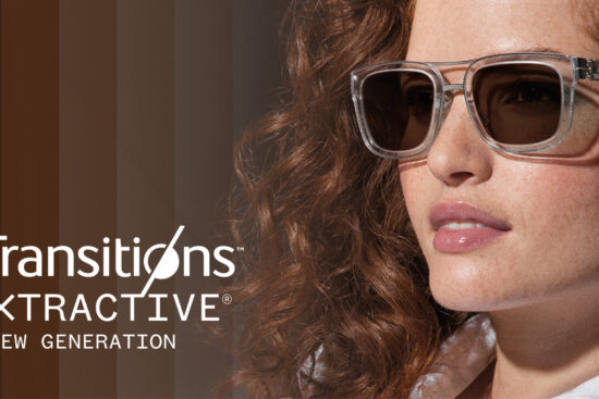 Woman wearing clear-framed sunglasses with brown tinted lenses, with text displaying 'Transitions XTRACTIVE New Generation' eyewear branding.