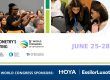 Promotional image for Optometry's Meeting 5th World Congress of Optometry, June 25-28, showing optometry professionals in educational and networking sessions, with logos of organizing bodies and sponsors HOYA and EssilorLuxottica