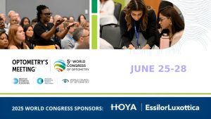 Promotional image for Optometry's Meeting 5th World Congress of Optometry, June 25-28, showing optometry professionals in educational and networking sessions, with logos of organizing bodies and sponsors HOYA and EssilorLuxottica