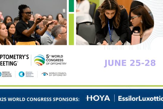 Promotional image for Optometry's Meeting 5th World Congress of Optometry, June 25-28, showing optometry professionals in educational and networking sessions, with logos of organizing bodies and sponsors HOYA and EssilorLuxottica