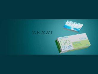 Zenni Optical logo and Packaging of Bausch + Lomb contact lenses, including Biotrue ONEday lenses and ULTRA lenses, displayed on a green gradient background