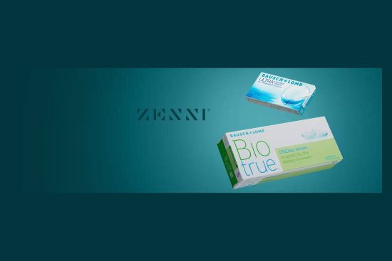 Zenni Optical logo and Packaging of Bausch + Lomb contact lenses, including Biotrue ONEday lenses and ULTRA lenses, displayed on a green gradient background