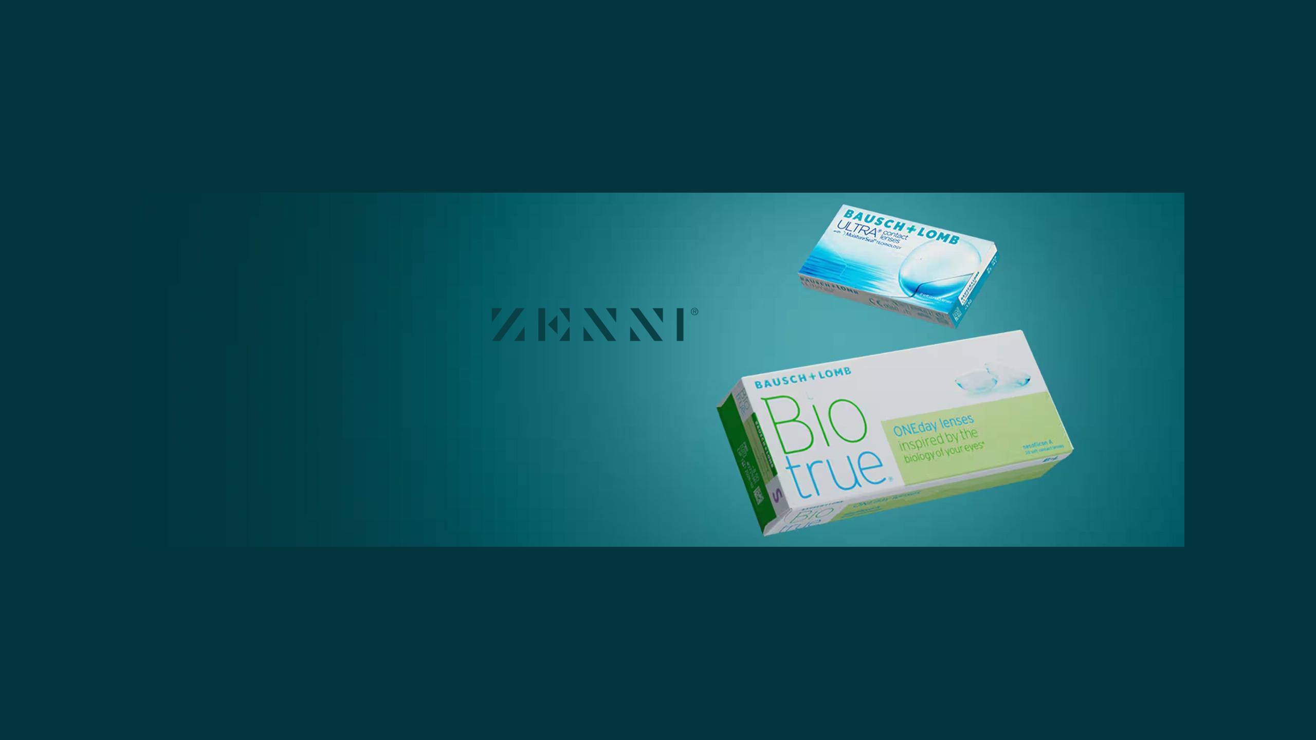 Zenni Optical logo and Packaging of Bausch + Lomb contact lenses, including Biotrue ONEday lenses and ULTRA lenses, displayed on a green gradient background