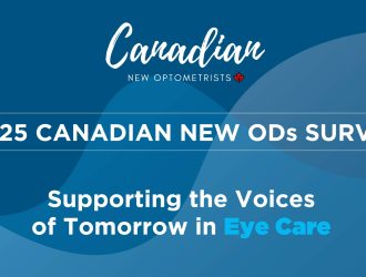 2025 Canadian New ODs Survey title slide with text 'Supporting the Voices of Tomorrow in Eye Care' on a blue gradient background with the Canadian New Optometrists logo.