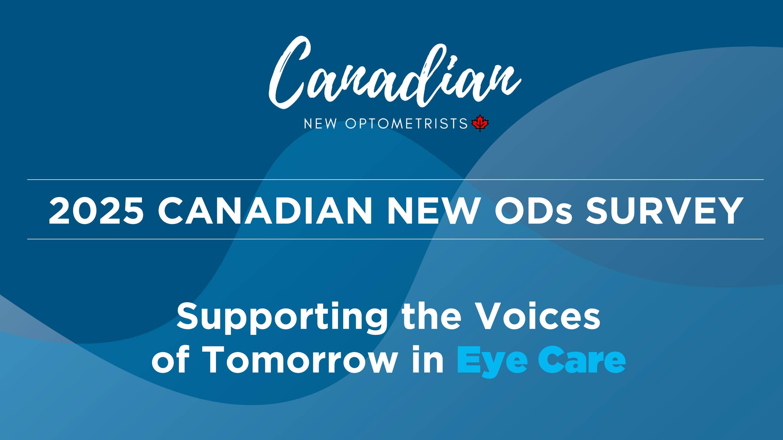2025 Canadian New ODs Survey title slide with text 'Supporting the Voices of Tomorrow in Eye Care' on a blue gradient background with the Canadian New Optometrists logo.
