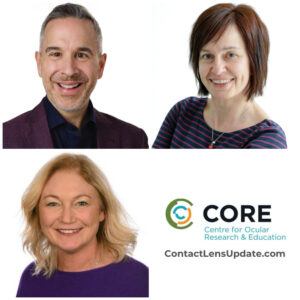 Image of Three professional headshots of eye care practitioners associated with CORE Centre for Ocular Research & Education logo