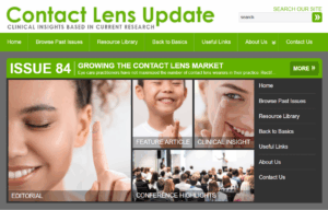 Image de la page d'accueil du numéro 84 du magazine Contact Lens Update, avec des articles sur la croissance du marché des lentilles de contact