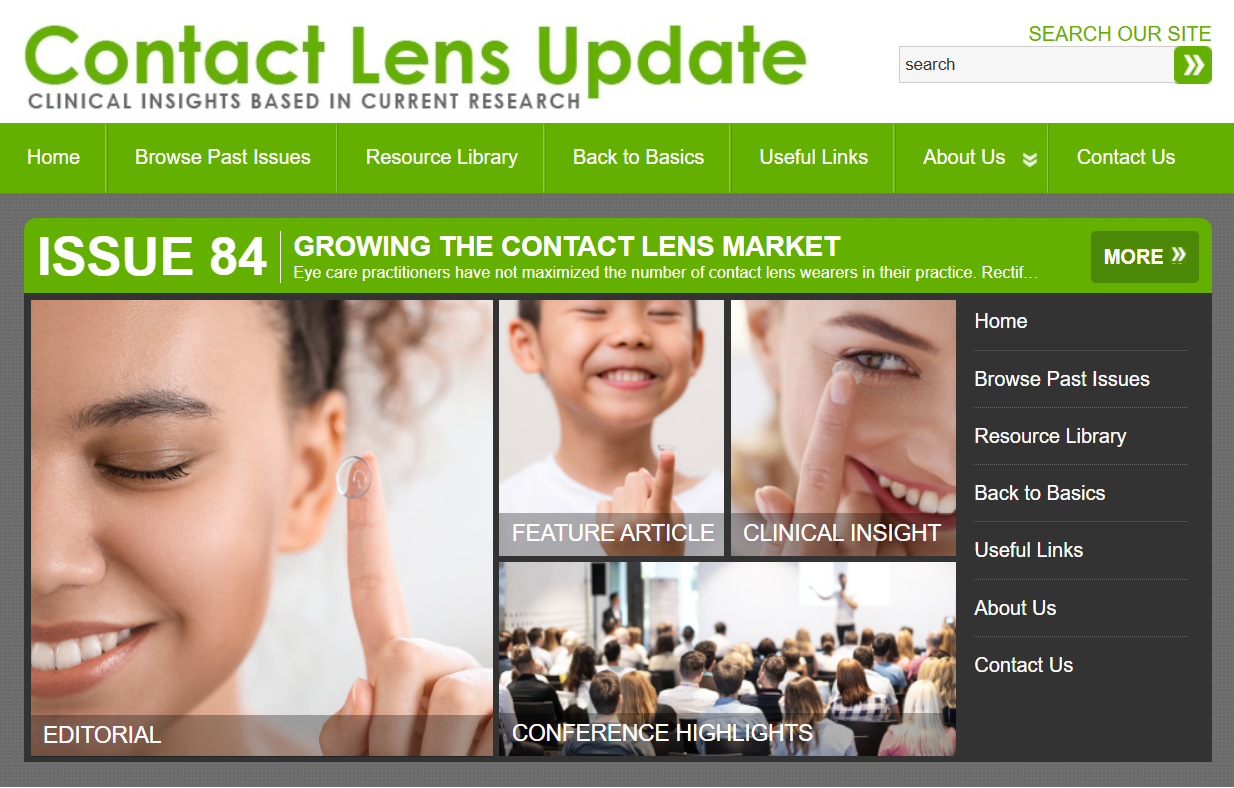 Image of Contact Lens Update magazine Issue 84 homepage featuring articles on growing the contact lens market