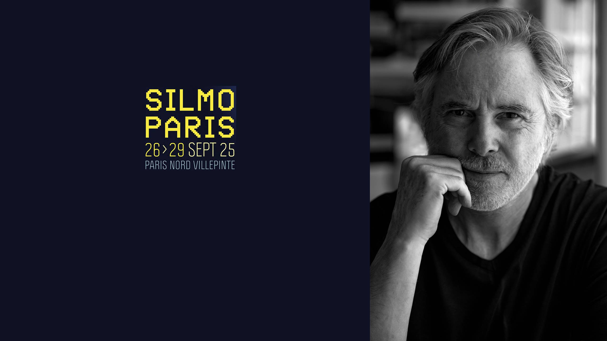 Olivier Lapidus, black and white portrait photo showing him in contemplative pose with hand near his chin, alongside SILMO Paris event branding displaying dates 26>29 SEPT 25 at Paris Nord Villepinte