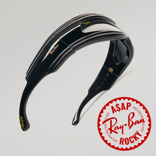 Vue de profil des lunettes de soleil Ray-Ban Ultra Wrap montrant les branches épaisses courbées et le design sculptural futuriste avec le logo A$AP Rocky Ray-Ban