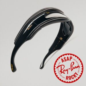 Side profile view of Ray-Ban Ultra Wrap sunglasses displaying the thick curved temples and sculptural futuristic design with A$AP Rocky Ray-Ban logo