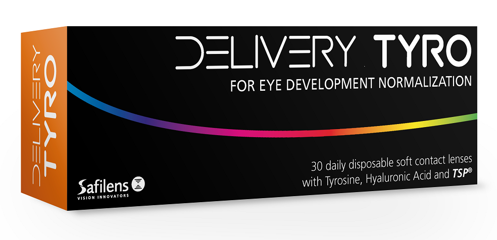 Emballage de lentilles cornéennes Delivery Tyro par Safilens - boîte noire avec panneau latéral orange présentant 30 lentilles cornéennes souples jetables quotidiennes avec Tyrosine, Acide Hyaluronique et TSP pour la normalisation du développement oculaire