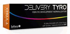 Delivery Tyro contact lens package by Safilens - black box with orange side panel showing 30 daily disposable soft contact lenses with Tyrosine, Hyaluronic Acid and TSP for eye development normalization