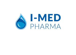 Logo de l'entreprise I-MED Pharma avec un symbole stylisé de goutte d'eau bleue à côté du nom de l'entreprise en texte bleu sur un fond gris clair.