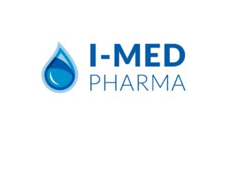 Logo de l'entreprise I-MED Pharma avec un symbole stylisé de goutte d'eau bleue à côté du nom de l'entreprise en texte bleu sur un fond gris clair.