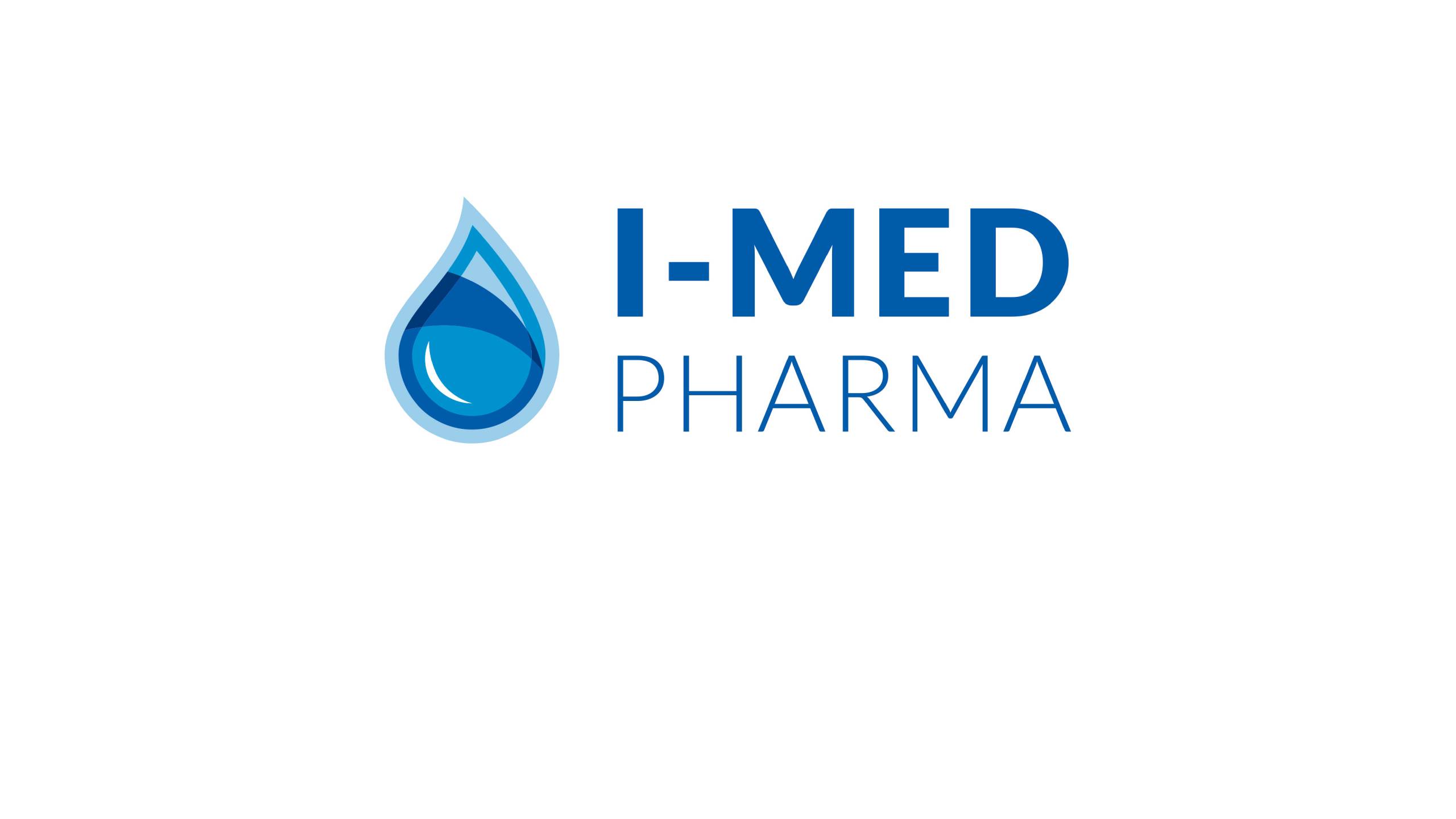 I-MED Pharma company logo featuring a stylized blue water droplet symbol next to the company name in blue text on a light gray background.