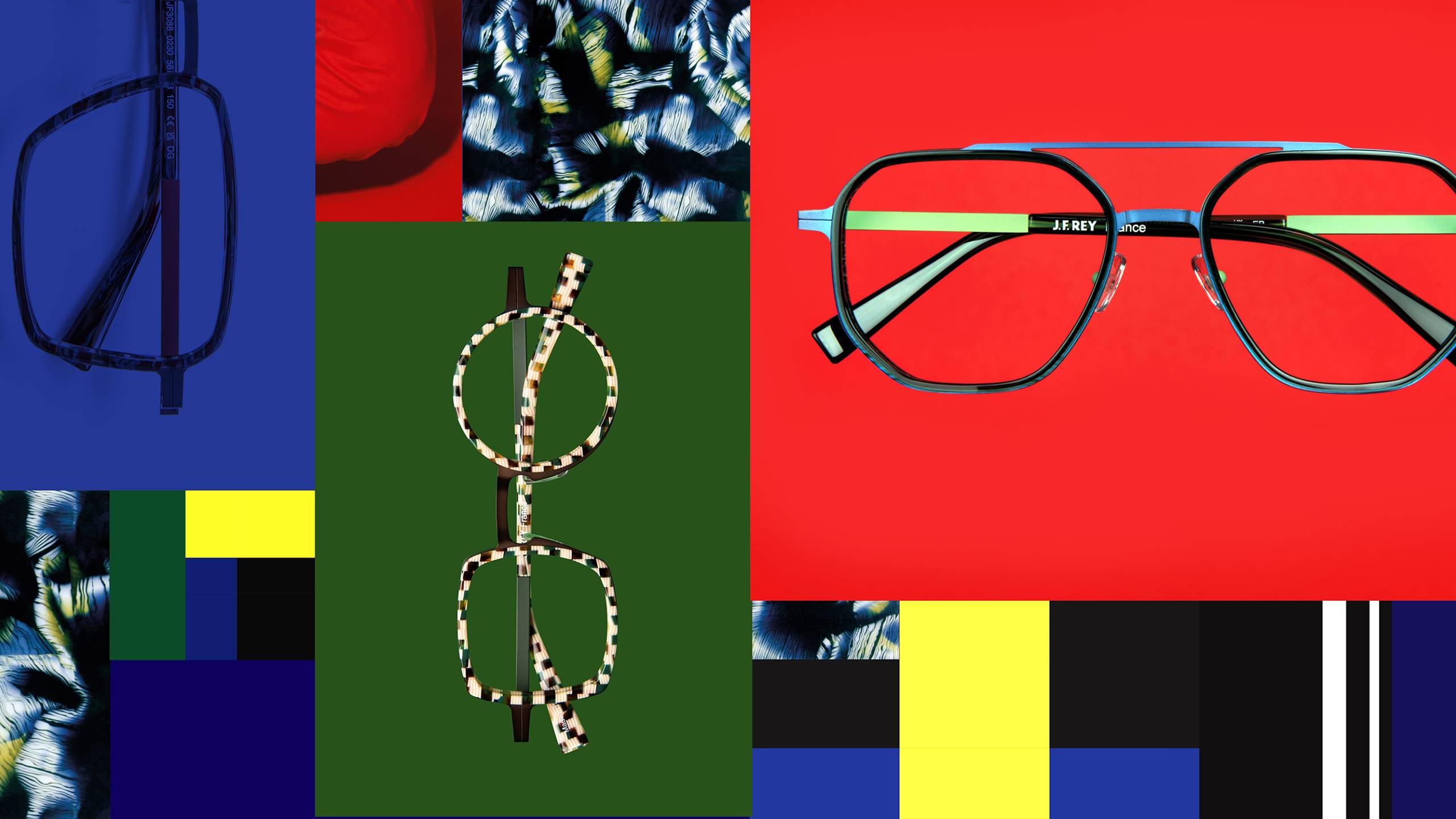 Image principale de l'article : Collage artistique présentant des montures de lunettes J.F. Rey de différents styles sur des blocs géométriques colorés et des motifs abstraits.