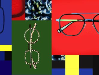 Main article image: Artistic collage featuring J.F. Rey eyewear frames in various styles displayed against vibrant coloured geometric blocks and abstract patterns.
