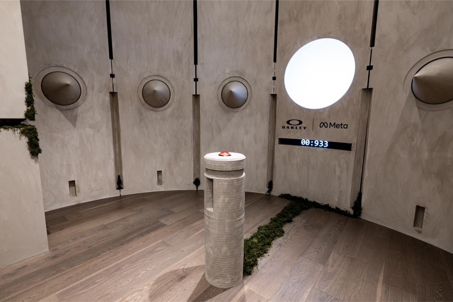 Salle d'expérience de collaboration Oakley Meta avec des fenêtres circulaires de hublot, des éléments naturels, des luminaires suspendus et le branding Oakley/Meta présentant la technologie portable IA.