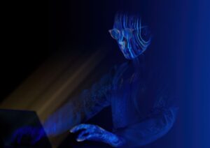 A 3D silhouette wearing a futuristic blue-tinted glasses in a dark, atmospheric setting. The image is bathed in deep blue lighting with dramatic shadows, creating a cyberpunk or sci-fi aesthetic. The person's face is partially obscured by the high-tech device.