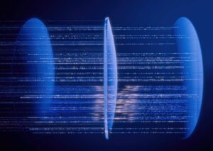Abstract visualization showing lenses positioned symmetrically against a dark blue background.