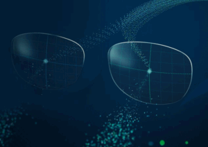 Two translucent eyeglass lenses floating in a dark blue digital space, surrounded by scattered particles of light and geometric grid patterns. The image suggests a smart lens technology with a high-tech, futuristic aesthetic
