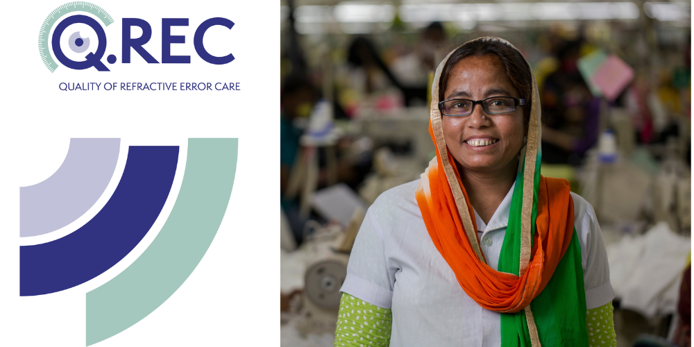 Logo Q.REC (Qualité des Soins pour les Erreurs de Réfraction) avec des éléments de design circulaires en violet, bleu marine et vert menthe, à côté d'une femme souriante portant des lunettes et un foulard coloré orange et vert
