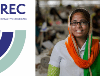 Q.REC logo (Quality of Refractive Error Care) featuring circular design elements in purple, navy, and mint green, alongside a smiling woman wearing glasses and a colourful orange and green headscarf.