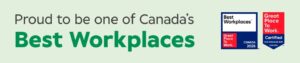 Specsavers Canada Best Workplace certification banner - Text reads 'Proud to be one of Canada's Best Workplaces' with Great Place to Work certification logos showing Best Workplaces, Great Place to Work, and Canada 2025 certifications