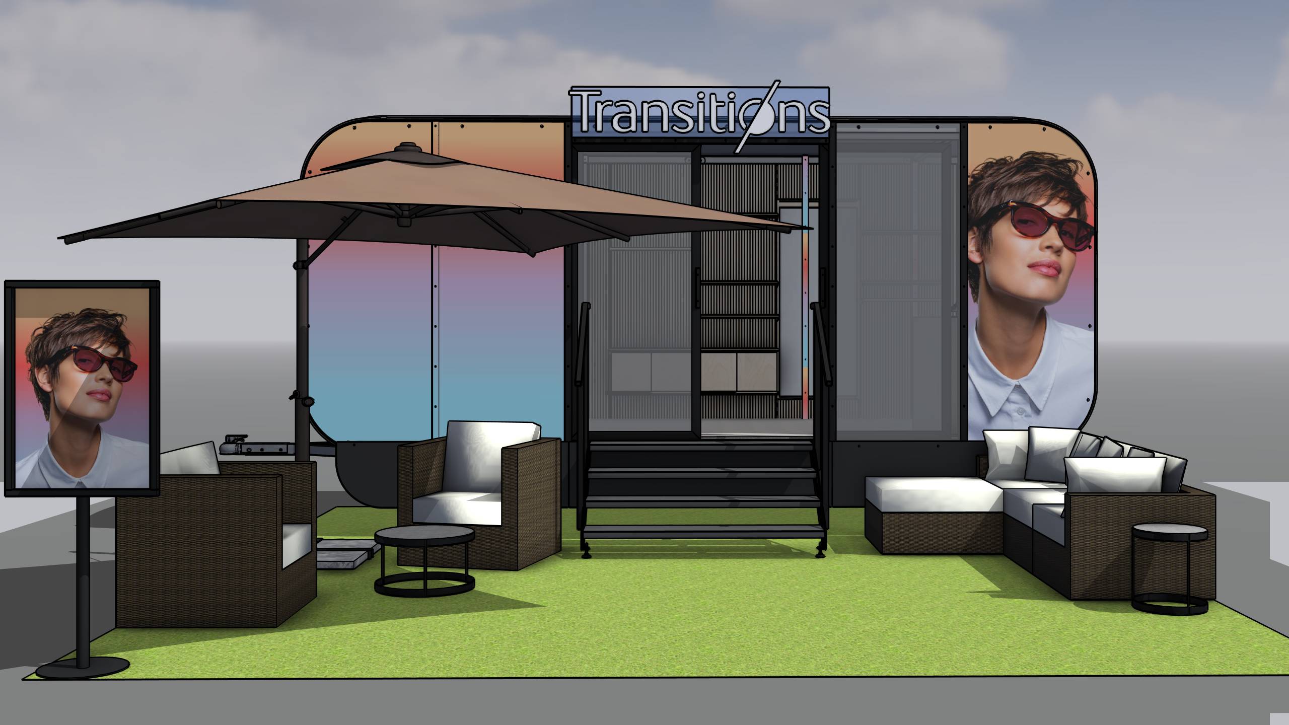 3D rendering of a modern Transitions outdoor exhibition booth featuring a green carpet area with white seating, umbrellas, and large displays showing a person wearing Transitions lenses, set against a cloudy sky backdrop.