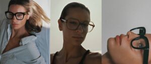 Three-panel composition showing models wearing ANDY WOLF optical frames in different styles and settings