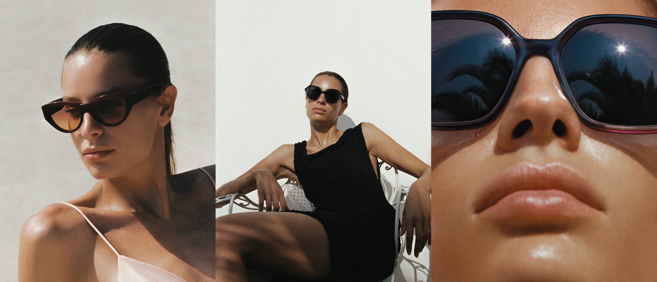 Composition en trois panneaux présentant des mannequins en lunettes de soleil ANDY WOLF avec verres dégradés et silhouettes modernes