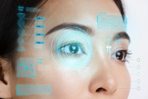 Futuristic digital eye examination concept showing a woman's face with advanced biometric scanning technology, featuring holographic data overlays and digital information panels around the eye