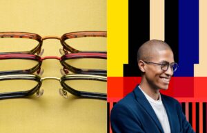 Stack of colorful J.F. Rey eyewear frames on yellow background alongside a smiling young man wearing glasses against a geometric multicolored backdrop.
