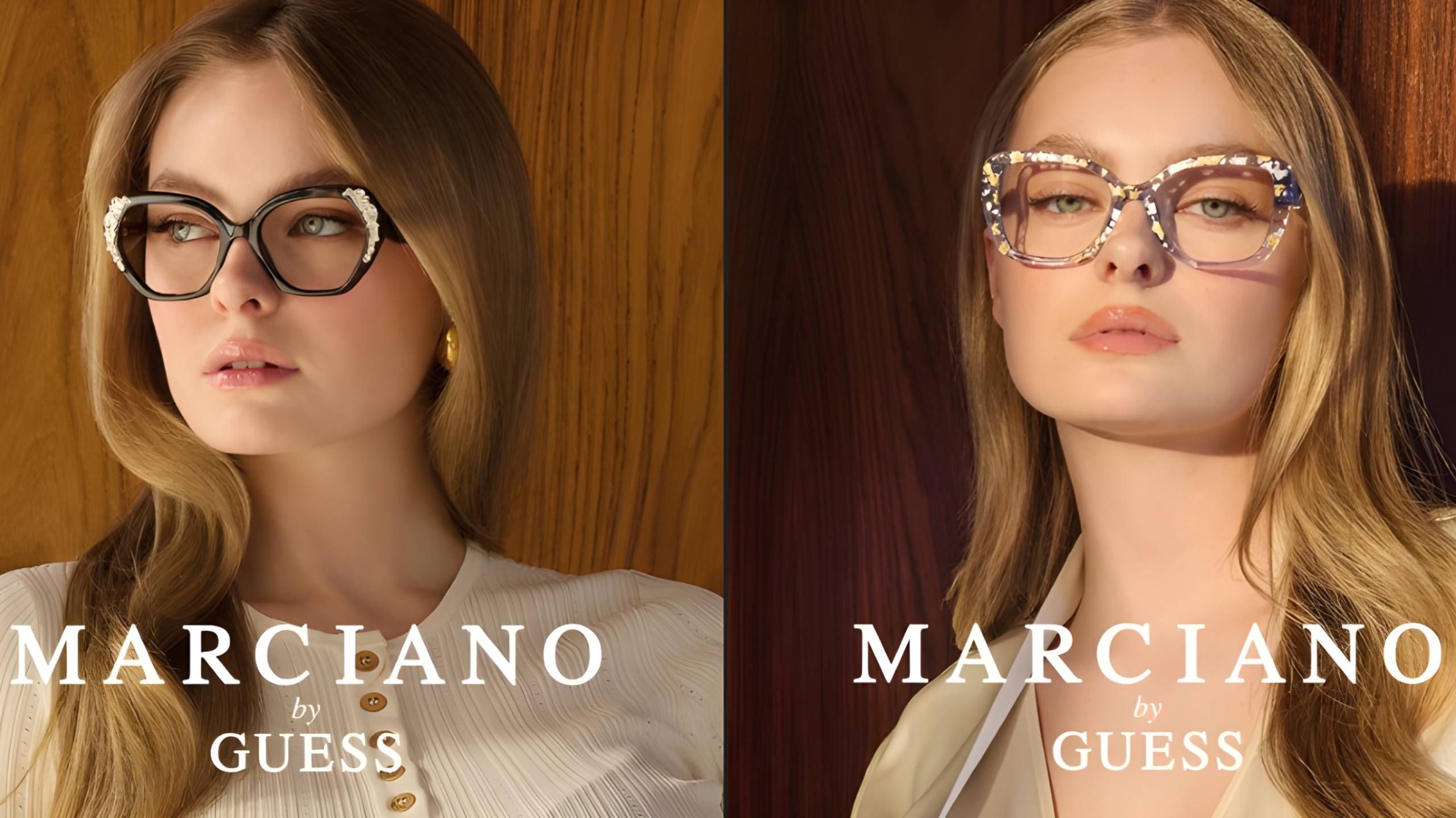 Deux photos promotionnelles côte à côte de deux femmes blondes différentes portant des lunettes Marciano by Guess. À gauche, une femme porte des lunettes œil-de-chat noires avec des ornements en cristal sur un fond de panneaux de bois chaleureux. À droite, une autre femme porte des montures rectangulaires à motif écaille de tortue avec un arrière-plan boisé similaire. Les deux images présentent le logo "MARCIANO by GUESS" en texte blanc en bas.