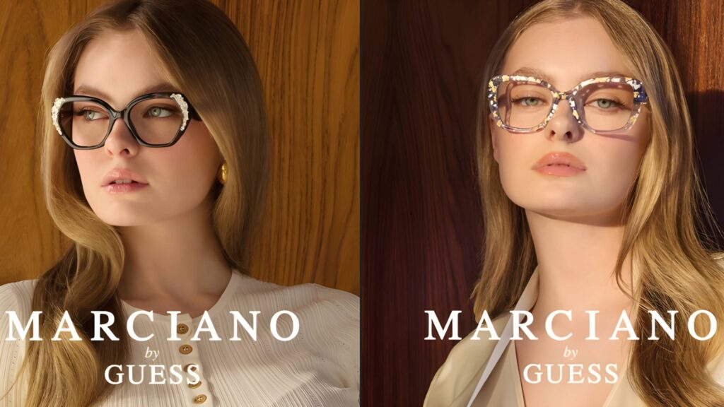 Two side-by-side promotional photos of two different blonde women modeling Marciano by Guess eyewear. On the left, one woman wears black cat-eye glasses with crystal embellishments against a warm wood-paneled background. On the right, another woman wears tortoiseshell-patterned rectangular frames with a similar wooden backdrop. Both images feature the "MARCIANO by GUESS" logo in white text at the bottom.