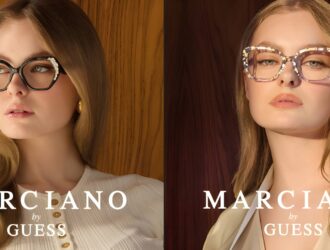Two side-by-side promotional photos of two different blonde women modeling Marciano by Guess eyewear. On the left, one woman wears black cat-eye glasses with crystal embellishments against a warm wood-paneled background. On the right, another woman wears tortoiseshell-patterned rectangular frames with a similar wooden backdrop. Both images feature the "MARCIANO by GUESS" logo in white text at the bottom.