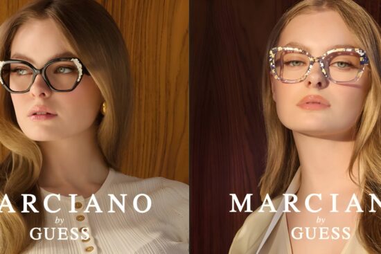 Two side-by-side promotional photos of two different blonde women modeling Marciano by Guess eyewear. On the left, one woman wears black cat-eye glasses with crystal embellishments against a warm wood-paneled background. On the right, another woman wears tortoiseshell-patterned rectangular frames with a similar wooden backdrop. Both images feature the "MARCIANO by GUESS" logo in white text at the bottom.