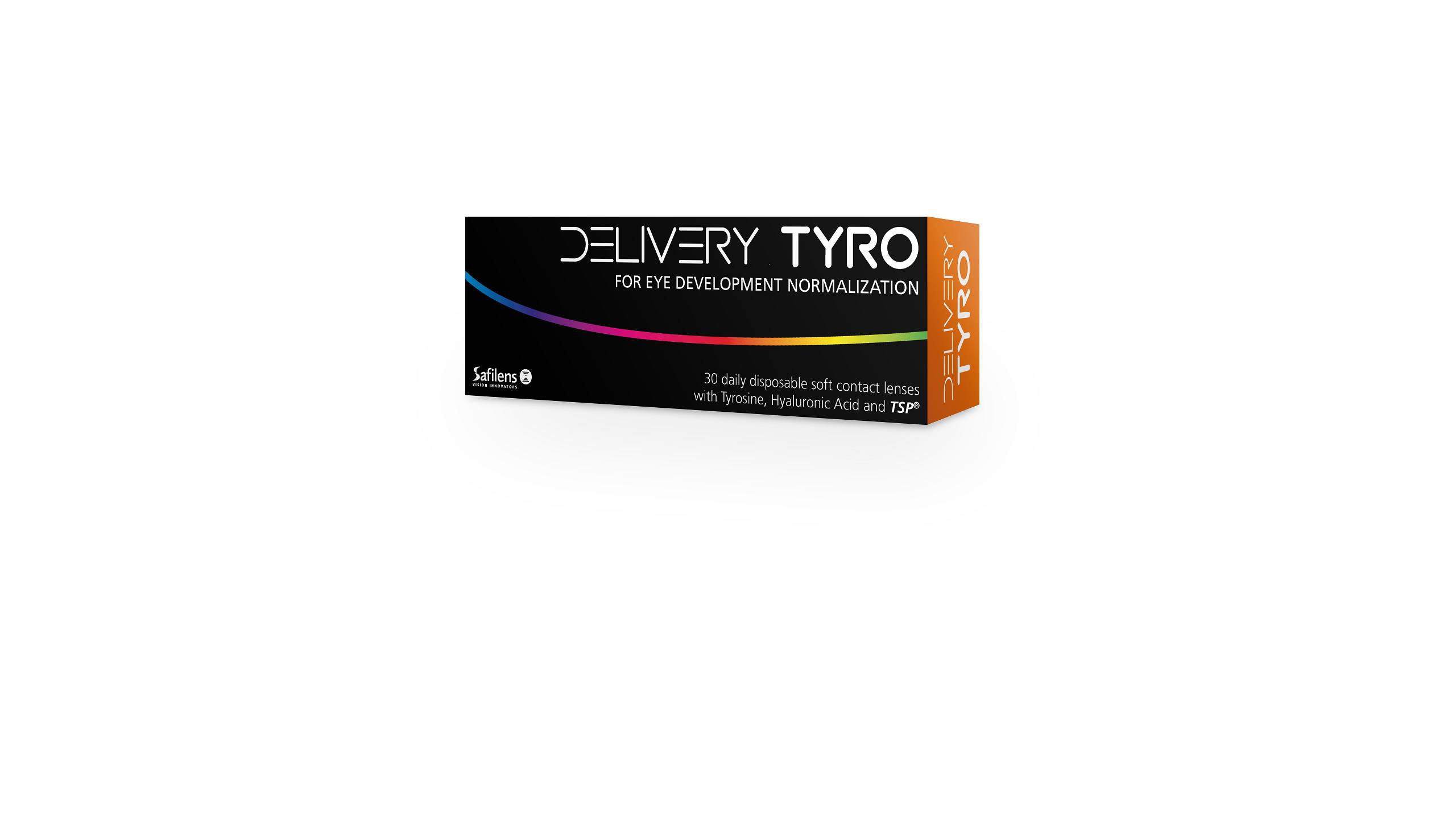 Emballage de lentilles cornéennes Delivery Tyro par Safilens - boîte noire avec panneau latéral orange présentant 30 lentilles cornéennes souples jetables quotidiennes avec Tyrosine, Acide Hyaluronique et TSP pour la normalisation du développement oculaire